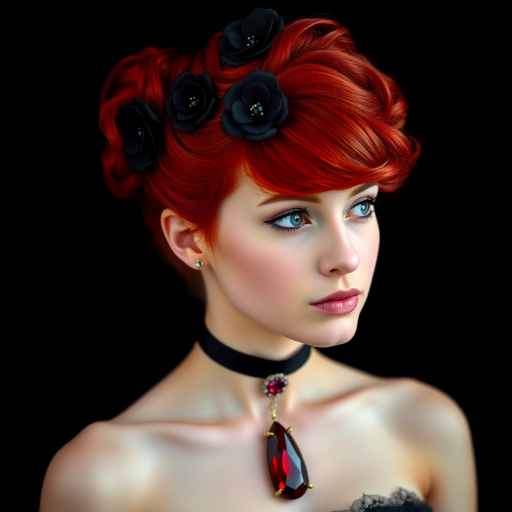 A young woman with bright red hair styled in a voluminous updo adorned with black floral accents, wearing a black choker with a large red gemstone pendant, looks off to the side with a slightly pensive expression, her face softly lit against a dark background.  The image is composed as a portrait, shot from a close-up perspective, with the subject filling most of the frame.  The woman's skin appears fair and flawless, with a subtle glow.  The overall atmosphere is elegant and slightly dramatic.