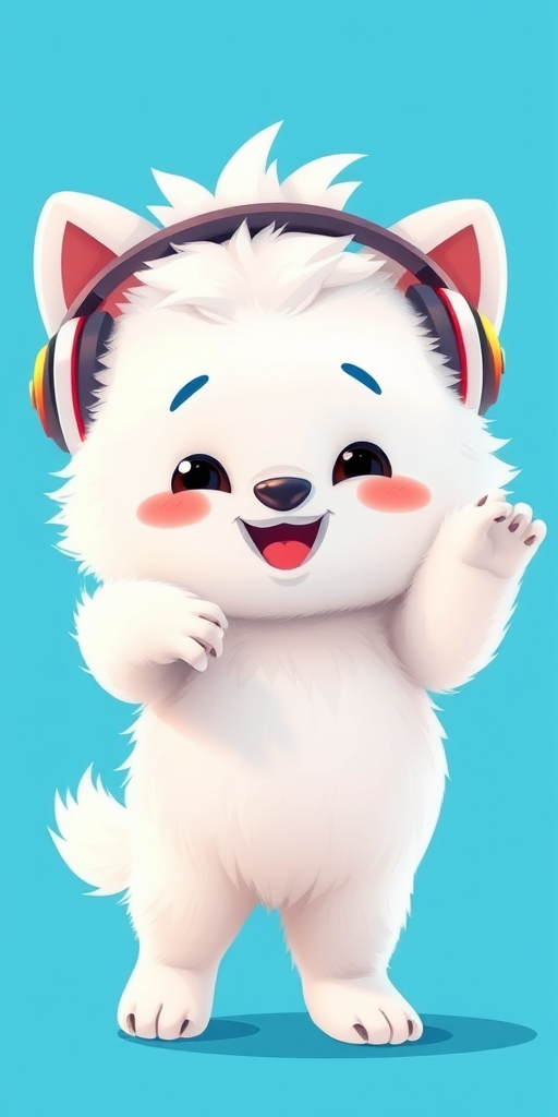 Create a playful cartoon illustration of a white, fluffy creature wearing headphones and dancing joyfully, set against a bright blue background, using a digital art style with high resolution, macro lens setting, f/2.8 aperture, and a soft focus effect to enhance the image quality.