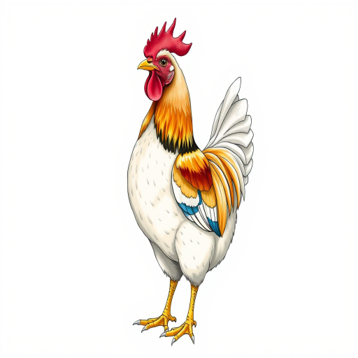 Create a detailed illustration of a chicken standing, with vibrant colors and fine line work, using a DSLR camera with a 50mm lens, f/1.8 aperture, ISO 200, and natural light for enhanced clarity and depth.
