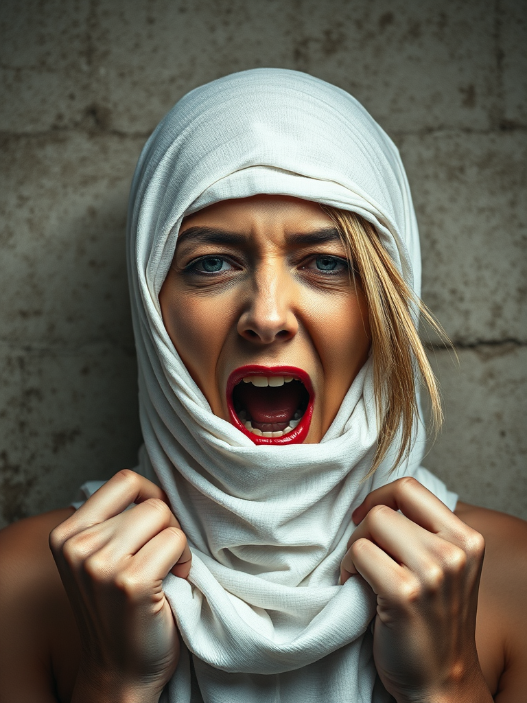 Create a close-up photographic image of a Mizrahi woman with light skin tones shown against an old, worn wall. Their head is wrapped in a white cloth covering (i.e.... parts of the head except the nose and mouth, which are open as if they are screaming...), with a slight texture and visible folds in the fabric. Thin strands of blonde hair escape from the wrapping above, falling lightly at the top and sides. Their hands hold the fabric as if they are tugging nervously. The lighting is dramatic and even, casting strong shadows. The image has a minimalist and surreal style with an emphasis on simplicity with soft color tones. The composition is centered.