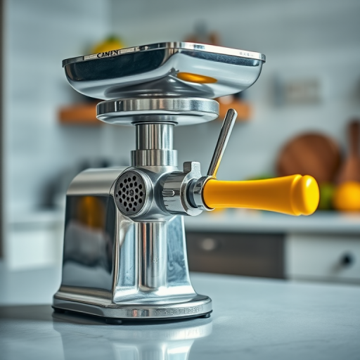 Create a high-resolution image of a metal meat grinder with a yellow handle in a bright, well-lit kitchen setting, using a Canon EOS R5, 50mm lens, aperture f/1.8, ISO 100, with soft focus on the background for depth.