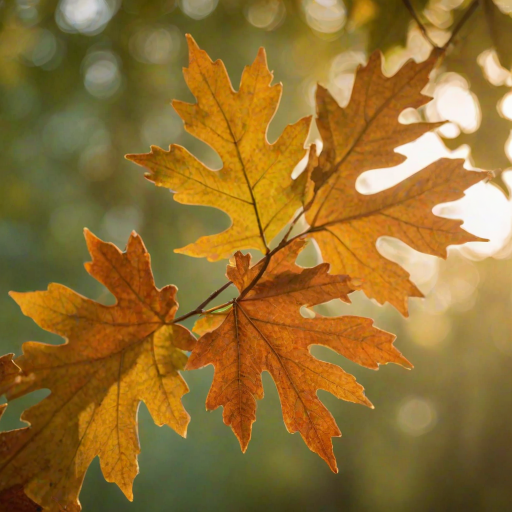 close-up of autumn oak leaves with warm orange and brown hues against a blurred background of soft green and yellow light