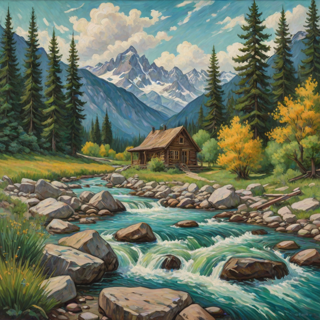 This Van Gogh-inspired painting depicts a peaceful scene of a small cabin located near a flowing river. The scene is surrounded by lush vegetation, including tall trees and rocky terrain. In the background, majestic mountains rise under a sky filled with rolling clouds. The river gently cascades over the rocks, adding a sense of movement and tranquility to the scene. The use of vibrant colors and detailed brushstrokes create a sense of depth and harmony in the natural setting.