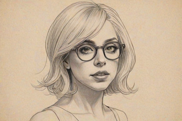 Graceful Lady Gaga, pencil sketch, portrait of Alluring woman 1924s in glasses, hair style beatnik, outline, clear lines, fine lines, 8k