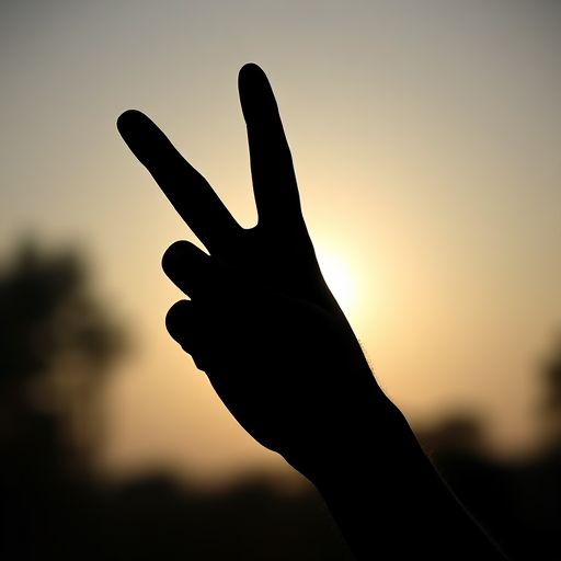 Create a high-resolution silhouette of a hand making a peace sign, captured with a Canon EOS R5, 50mm lens, f/1.8 aperture, ISO 100, natural lighting, and a shallow depth of field for a smooth background blur.