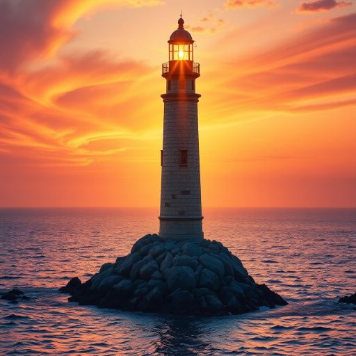 Generate an image of a tall lighthouse perched on a rocky outcrop surrounded by calm ocean waters during a breathtaking sunset. The lighthouse stands sturdy and weathered, its stone surface illuminated by the warm golden light of the setting sun. The sun's rays pass directly through the glass lantern room at the top of the lighthouse, casting a brilliant light across the scene. The sky is painted with vibrant shades of orange, pink, and purple, reflecting off the tranquil sea. The surrounding water shimmers with the same warm hues, creating a serene and majestic atmosphere.