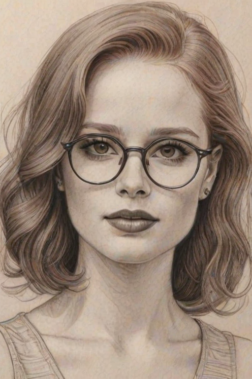 Delightful Madelaine Petsch, pencil sketch, portrait of Stunning woman 1928s in glasses, hair style beatnik, outline, clear lines, fine lines, 8k