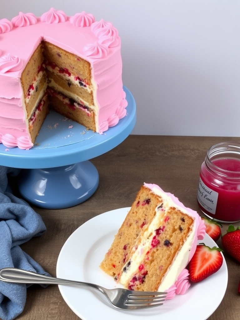 A beautifully decorated layer cake with pink and white frosting displayed on a blue cake stand next to a slice of the cake on a white plate, surrounded by fresh fruit and a jar of pink jam, with a fork resting nearby.