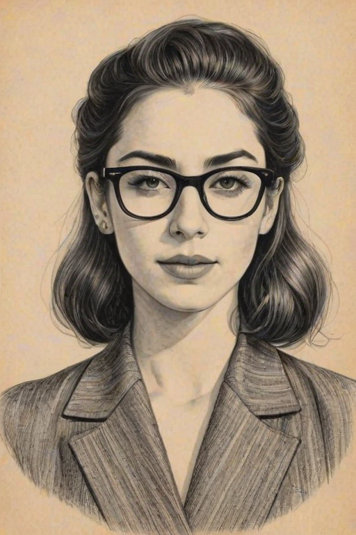 Elegant Alana Haim, pencil sketch, portrait of Appealing woman 1948s in glasses, hair style beatnik, outline, clear lines, fine lines, 8k