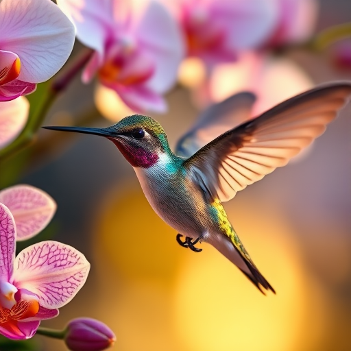 close-up shot of a shimmering hummingbird hovering near delicate orchids, with fine details on the wings and flowers, soft bokeh background, golden hour lighting, DSLR camera, f/2.8 aperture, ISO 100, 50mm lens, soft focus style