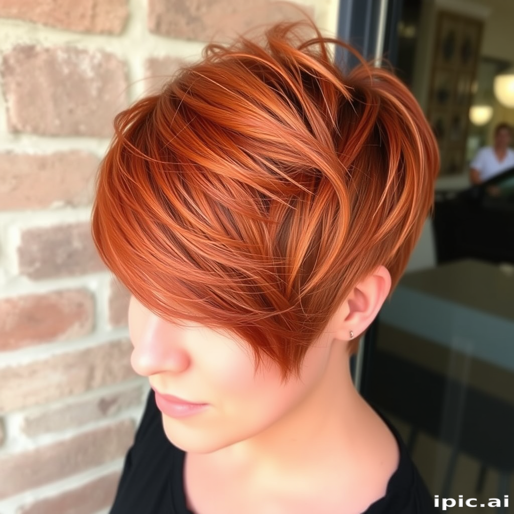 Vibrant copper-toned pixie cut named "Ember Spice" featuring textured layers and a swept-back fringe, exuding a fiery and energetic aura with subtle highlights throughout