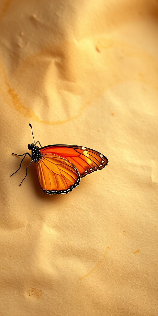 Create an image of a vibrant orange butterfly positioned to the left of an aged parchment background with a soft, warm glow, captured using a DSLR camera at f/8 aperture, focal length of 50mm, ISO 100, and a shallow depth of field to enhance focus on the butterfly.