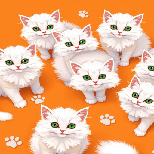 Create a high-resolution illustration of fluffy white cats with vibrant green eyes on a warm orange background, evenly spaced, with paw prints scattered around, using a DSLR camera type, 50mm lens, f/1.8 aperture, 1/125 shutter speed, and ISO 200 for enhanced detail and color richness.