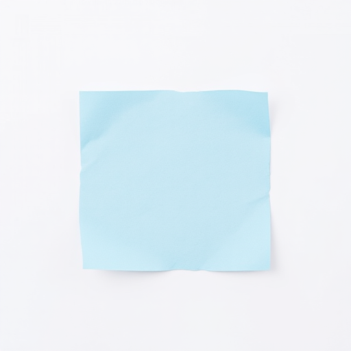 Create a high-resolution image of a light blue paper note with curled edges on a subtle white background using a DSLR camera with a 50mm lens, f/2.8 aperture, ISO 200, and a slightly angled top-down view for enhanced clarity and detail.