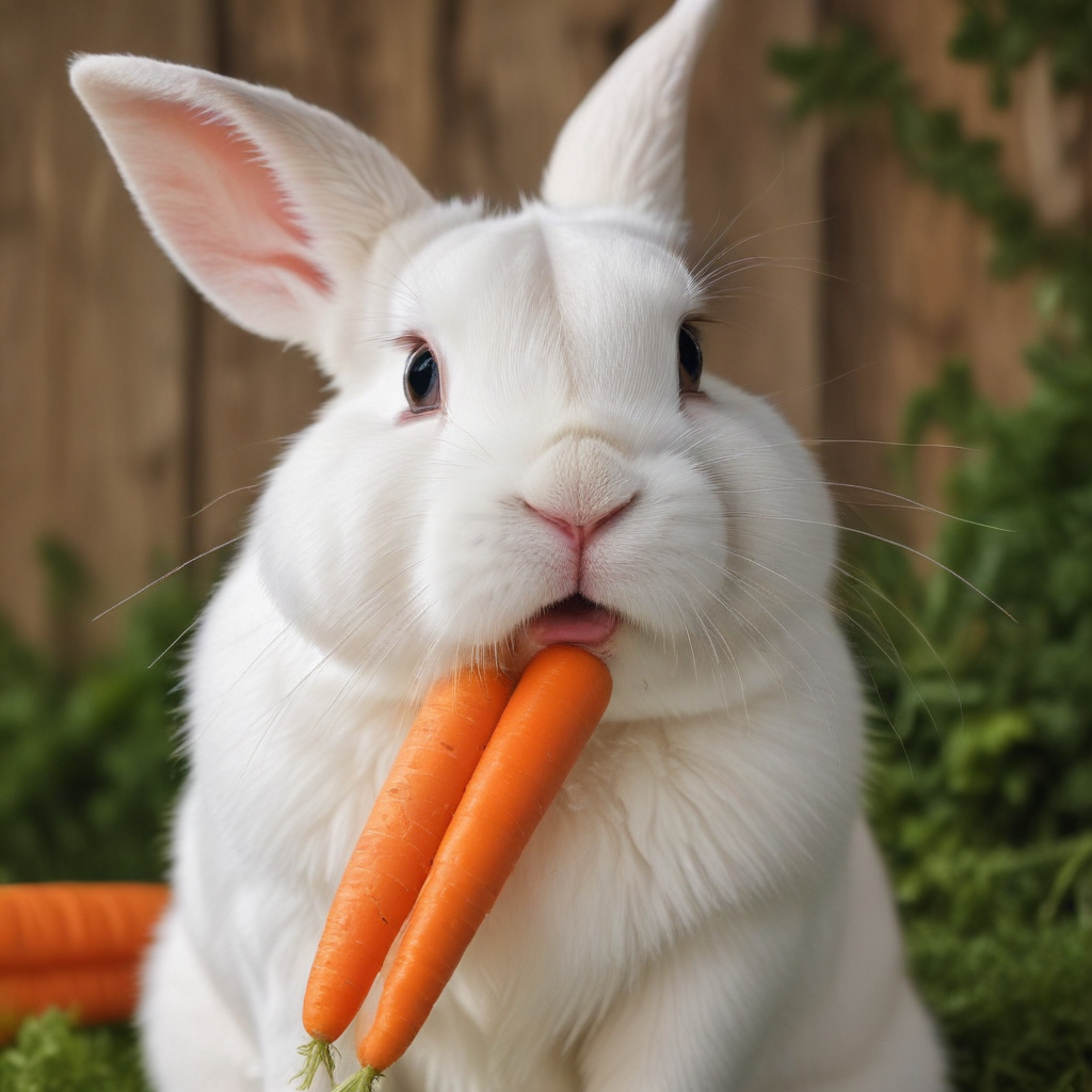 Cute white rabbit holding a carrot in its mouth
