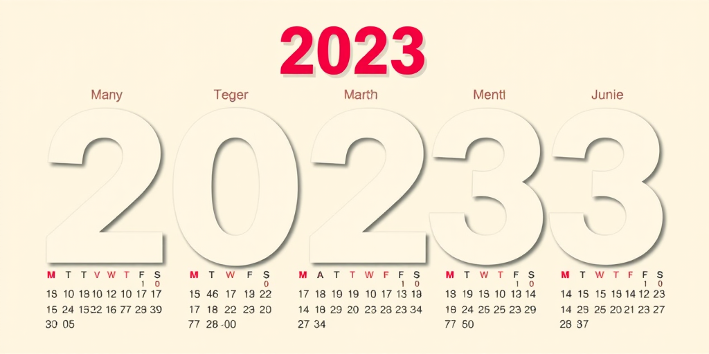 Create a high-resolution digital calendar graphic for 2023 with a modern design layout, vibrant colors, and clear typography, capturing an overhead view at a 50mm focal length using a DSLR camera at f/1.8 aperture, ISO 200, and a shutter speed of 1/125s to enhance image clarity and brightness.