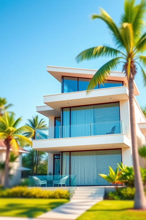 Create a vibrant digital illustration of a modern house with large windows and a balcony, surrounded by palm trees under a clear blue sky, using a DSLR camera with a 35mm lens, aperture f/8, ISO 200, and a slight tilt-shift effect for depth.