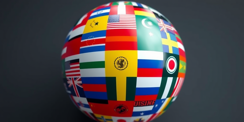 Create a high-resolution 3D rendering of a glossy sphere covered in diverse national flags arranged in a mosaic pattern, captured with a Canon EOS 5D Mark IV at f/8, ISO 100, 1/200s, using a wide-angle lens at 24mm with soft diffused lighting for enhanced color vibrancy and depth.