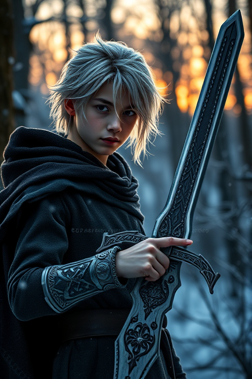Create a high-resolution digital artwork of a young male character with silver hair and a black cloak, holding a sword with intricate designs, set in a mystical, snowy forest background during twilight, captured with a Canon EOS R5, 50mm lens, f/1.8 aperture, ISO 100, and a dramatic side lighting setup to enhance the ethereal atmosphere.