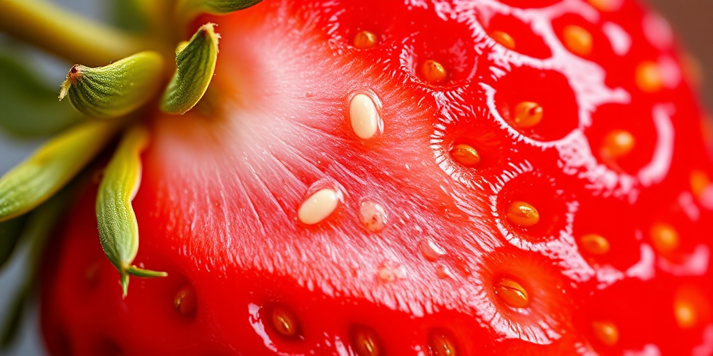 Regenerate a realistic strawberry with vibrant colors and intricate details, using a macro lens at f/2.8, shutter speed 1/200s, ISO 100, shot in natural light, with focus on the texture and seeds for enhanced quality.