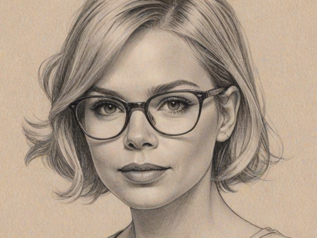 Delightful Michelle Williams, pencil sketch, portrait of Alluring woman 1966s in glasses, hair style beatnik, outline, clear lines, fine lines, 8k