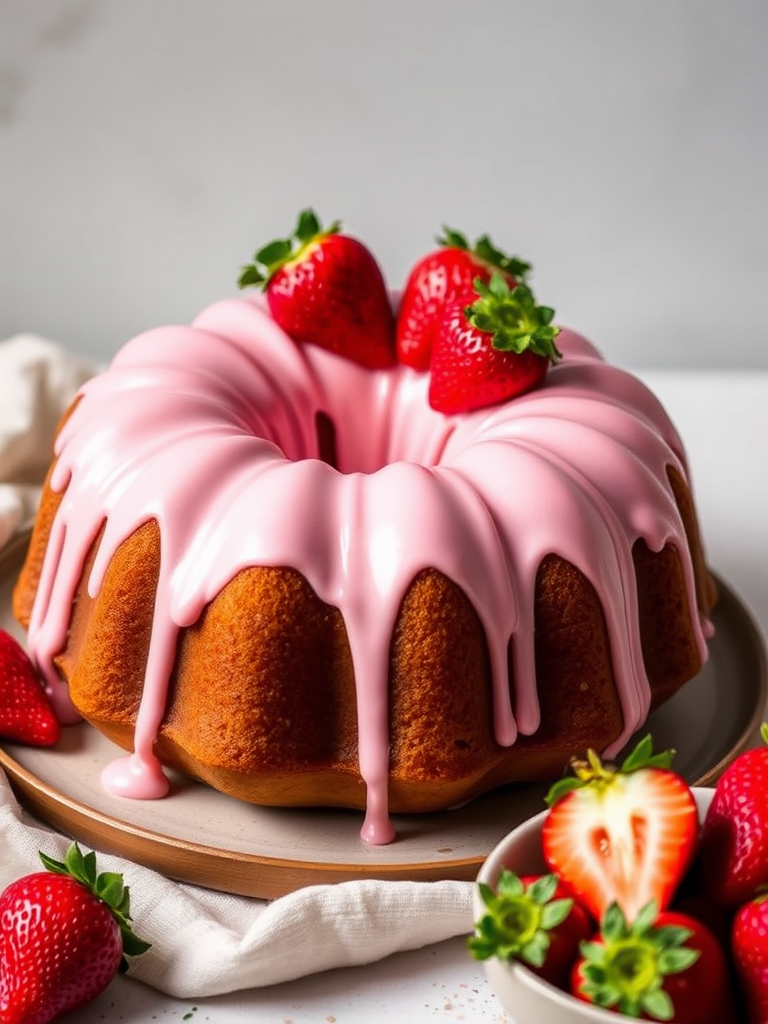 A beautifully decorated bundt cake with a smooth pink strawberry frosting drizzled over the top and adorned with fresh strawberries, set against a light background with additional strawberries in a bowl.