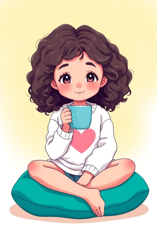 Create a high-resolution illustration of a young girl with curly hair, sitting cross-legged on a teal cushion, wearing a white sweater with a heart design, holding a cup, with a soft yellow gradient background; camera settings: ISO 100, f/2.8, shutter speed 1/60s; camera view: front-facing, camera style: vibrant colors, camera type: digital artwork.