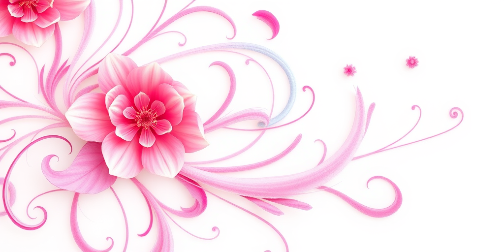 Create a vibrant floral design with pink and soft blue swirls on a white background, using a Canon EOS R5 camera, focal length of 50mm, aperture set to f/2.8, ISO 100, shot in macro mode to capture intricate details and enhance colors.