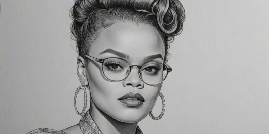 Exquisite Andra Day, pencil sketch, portrait of Bewitching woman 1978s in glasses, hair style beatnik, outline, clear lines, fine lines, 8k