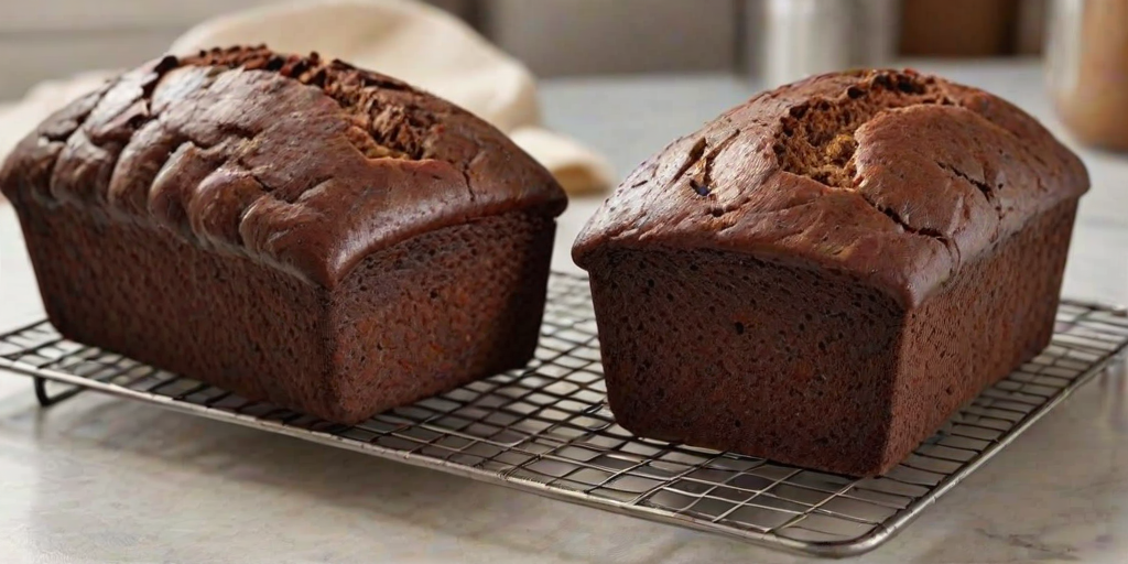 Generate an image of two freshly baked chocolate loaves on a wire cooling rack. The loaves should have a rich, dark brown color and be wrapped in parchment paper. The background should be a simple, neutral kitchen countertop.