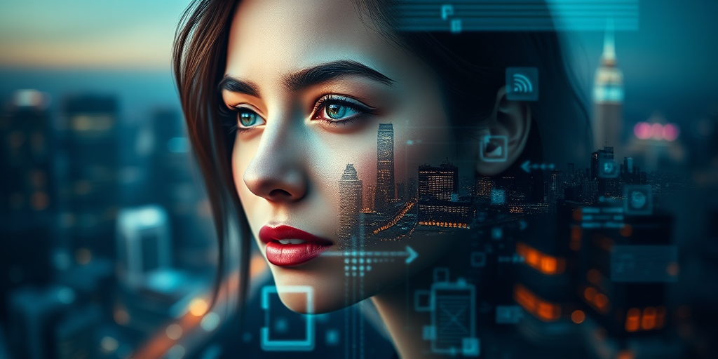 Generate an abstract image featuring a woman's face layered with a city skyline and digital icons, using a shallow depth of field, 50mm lens at f/1.8, shot from a slightly elevated angle, employing a high dynamic range photography style for enhanced clarity and contrast.