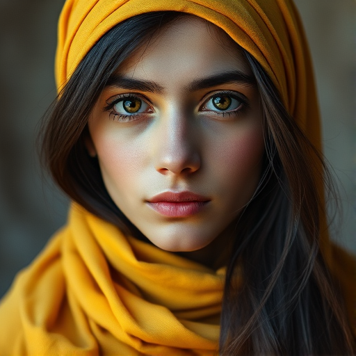 Create a portrait of a young Turkish male with long, dark hair and captivating hazel eyes. She is wearing a Yellow headscarf and a matching scarf draped gracefully around her neck. The background is softly blurred, focusing attention on her serene and natural expression. The overall color palette is muted and warm, enhancing the intimate and authentic feel of the portrait.