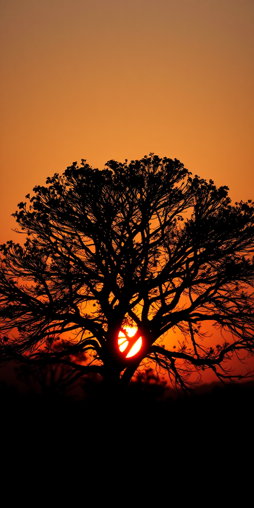 Generate a high-resolution image of a silhouette of a tree against a sunset background, using a Canon EOS R5 camera with a 50mm f/1.2 lens, aperture set to f/2.8, ISO 100, and a focal length of 50mm, capturing the scene in a soft focus style from a low angle.
