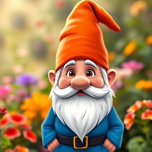Regenerate a colorful illustration of a cartoon gnome with a prominent orange hat and a white beard wearing a blue coat, captured in high resolution with a Canon EOS R5 at f/2.8, ISO 100, 50mm lens, in a vibrant garden setting with a soft-focus background.