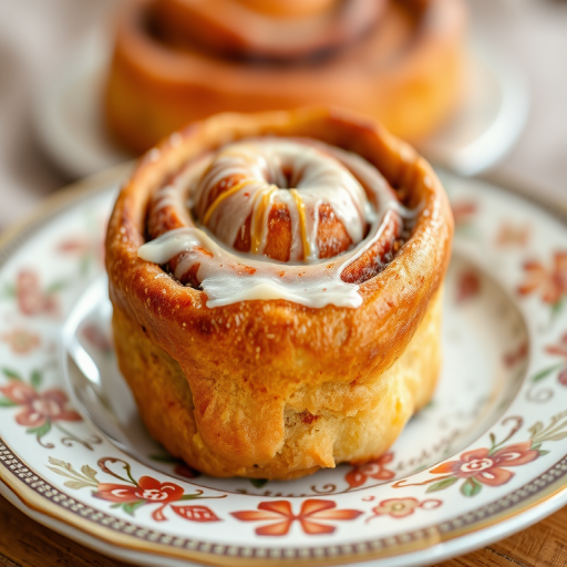 Close-up shot of a freshly baked cinnamon roll on a decorative plate, natural lighting, f/2.8 aperture, 1/60 shutter speed, ISO 200, macro lens, soft focus background.