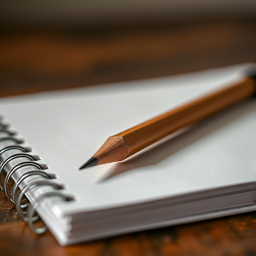 Create a high-resolution image of a spiral notebook with a sharpened pencil resting on it, using a DSLR camera, 50mm lens, aperture f/1.8, ISO 100, natural lighting, focused on the pencil and notebook to highlight texture and detail.