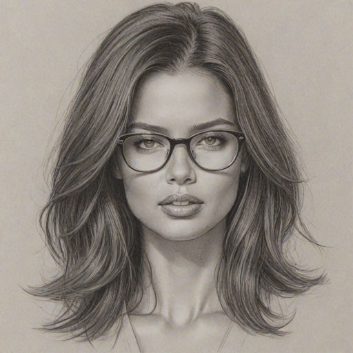 Bewitching Adriana Lima, pencil sketch, portrait of Lovely woman 1973s in glasses, hair style beatnik, outline, clear lines, fine lines, 8k
