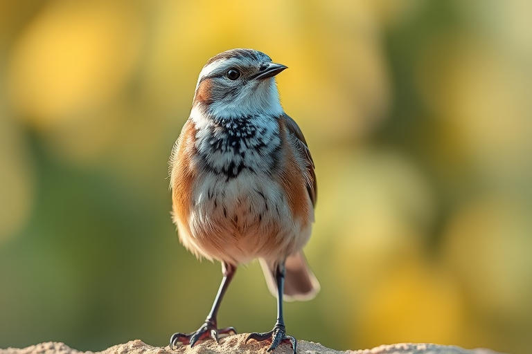 Create a highly detailed illustration of a bird standing with a focus on its features, using a Canon EOS R5 camera with a 50mm f/1.2 lens, aperture set to f/2.8, ISO 100, shot in natural light with a shallow depth of field for a soft background.