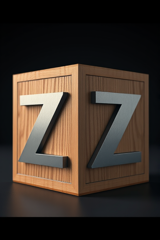Create a highly detailed 3D rendering of a wooden cube featuring a large metallic letter Z on each side, using a Canon EOS R5 with a 50mm f/1.2 lens, set to ISO 100, aperture f/4, and shutter speed 1/125 sec, in a soft focus background with dramatic lighting to accentuate the textures and materials.