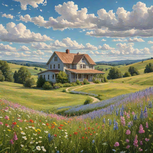 Serene countryside scene, with rolling hills, a quaint farmhouse surrounded by blooming wildflowers, and a blue sky dotted with fluffy clouds, evoking a sense of tranquility.