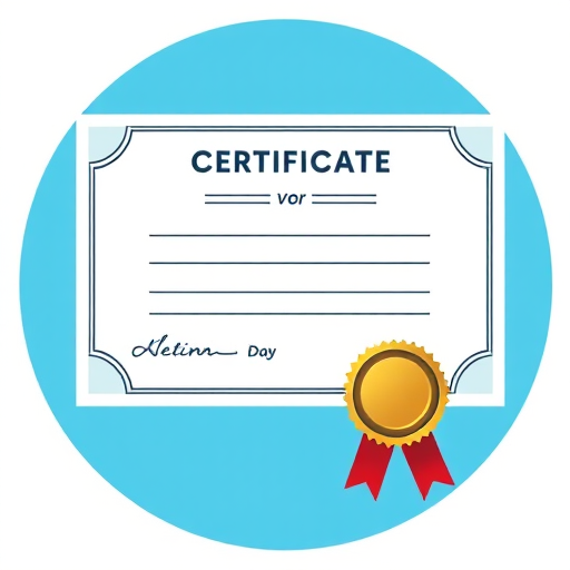 Create a vector-style illustration of a certificate with text lines and a ribbon seal in the bottom right, using a blue circular background, shot with a Canon EOS 5D Mark IV, 24mm lens, aperture f/8, ISO 100, in soft natural lighting for clarity and depth.