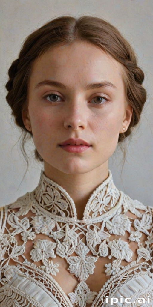 Face, shoulders, chest covered in openwork Ukrainian embroidery. Raw, unedited image.