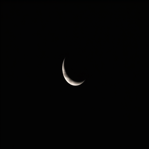 Capture a high-resolution image of a crescent moon against a deep black sky using a DSLR camera with a 300mm lens, ISO 400, aperture f/8, shutter speed 1/200s, in a telephoto view for enhanced detail and clarity.