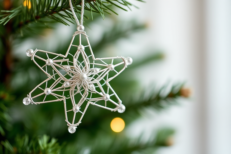 Generate an image of a decorative star ornament made of intertwined silver wire and beads, hanging from a green Christmas tree branch with a soft, blurred background. The focus should be on the intricate details of the star and the sparkling beads.