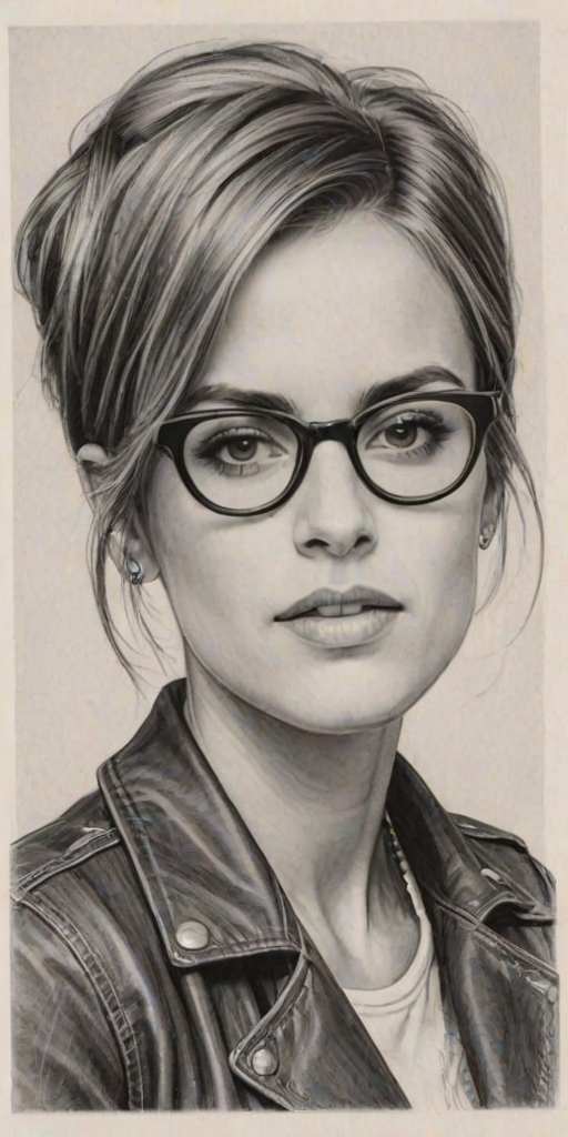 Resplendent Samantha Ronson, pencil sketch, portrait of Charming woman 1966s in glasses, hair style beatnik, outline, clear lines, fine lines, 8k