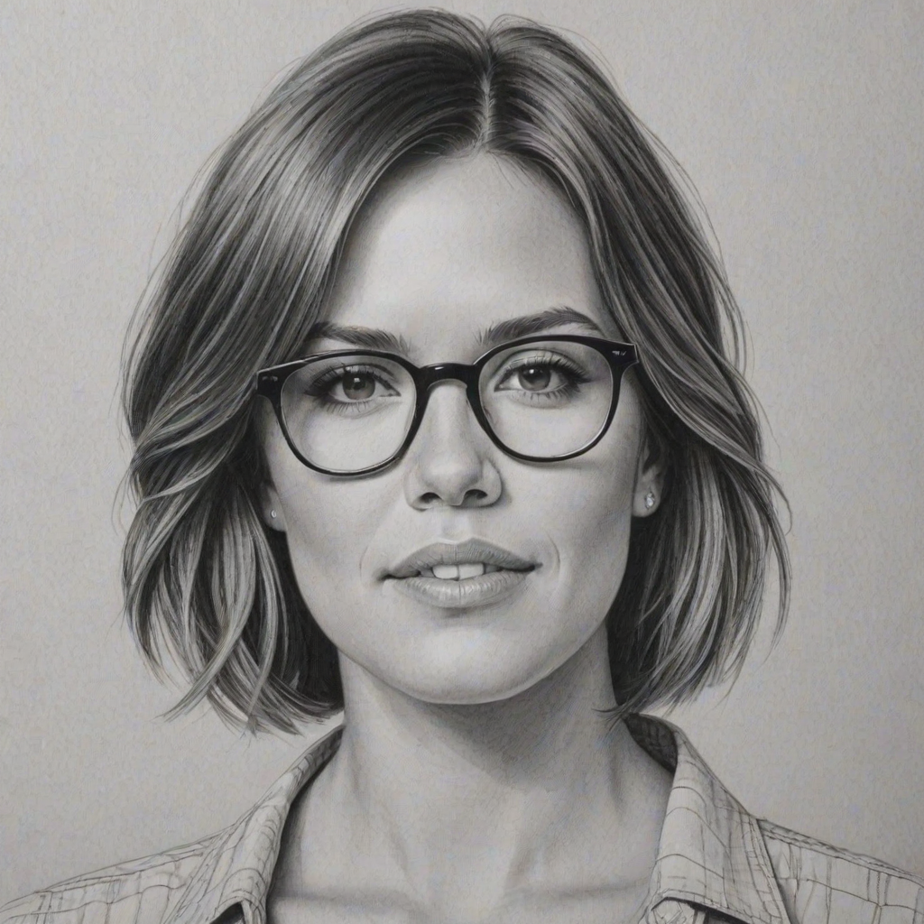 Beauteous Mandy Moore, pencil sketch, portrait of Splendid woman 1978s in glasses, hair style beatnik, outline, clear lines, fine lines, 8k