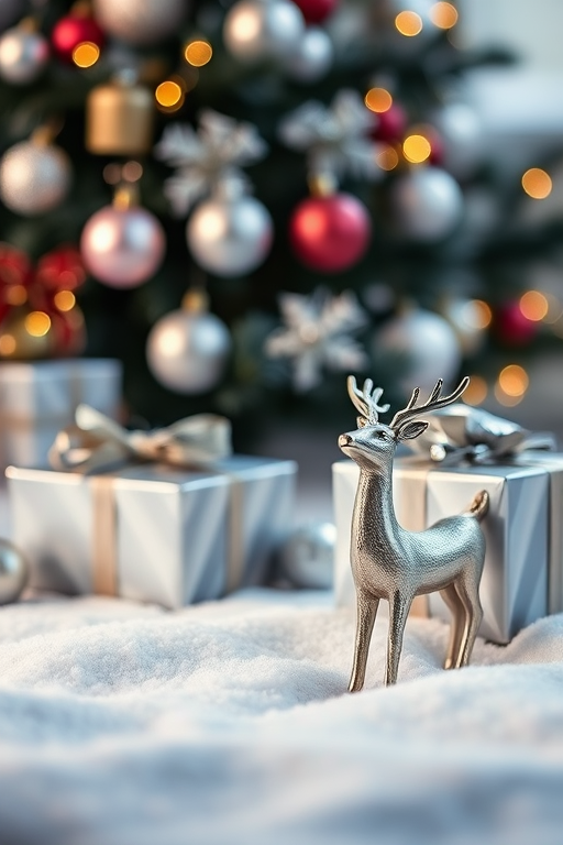 a close-up shot of silver Christmas gifts and a metallic reindeer figurine set on soft white snow, shallow depth of field, f/2.8 aperture, 50mm lens, natural soft lighting, DSLR camera