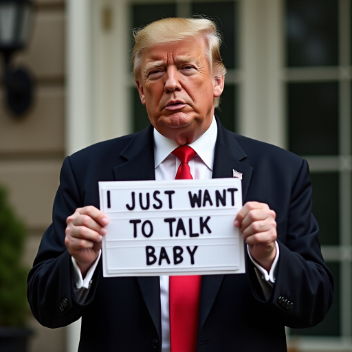a photo of donald trump holding a sign board with a text "i just want to talk baby"