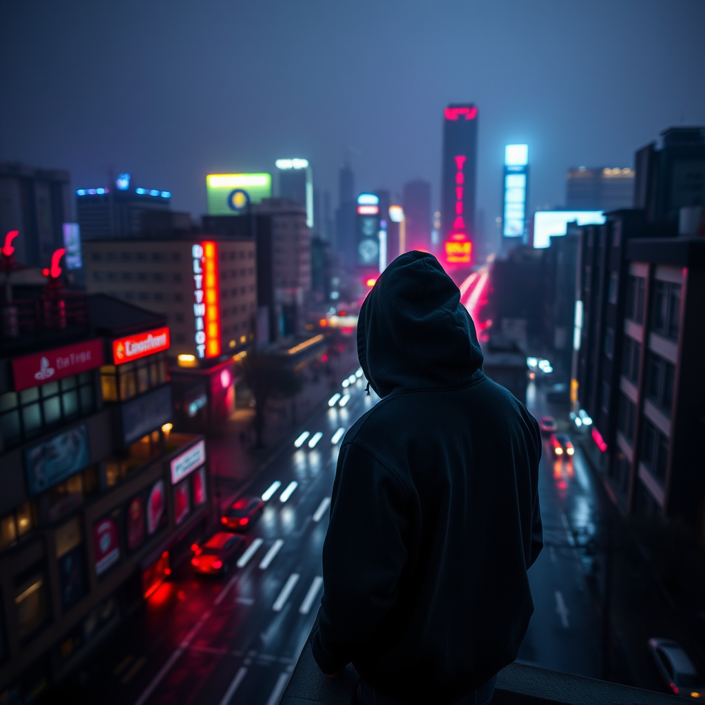 Create a dark, atmospheric cityscape with neon lights reflecting on wet streets, featuring a solitary figure in a hoodie overlooking the city, using a DSLR camera with a 24mm lens, f/2.8 aperture, ISO 800, and a long exposure for enhanced light trails, shot from a high vantage point in a cinematic style.