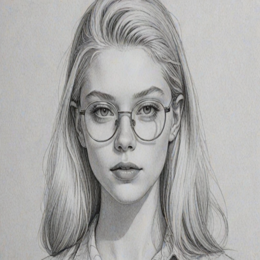 Exquisite Hunter Schafer, pencil sketch, portrait of Gorgeous woman 1959s in glasses, hair style beatnik, outline, clear lines, fine lines, 8k